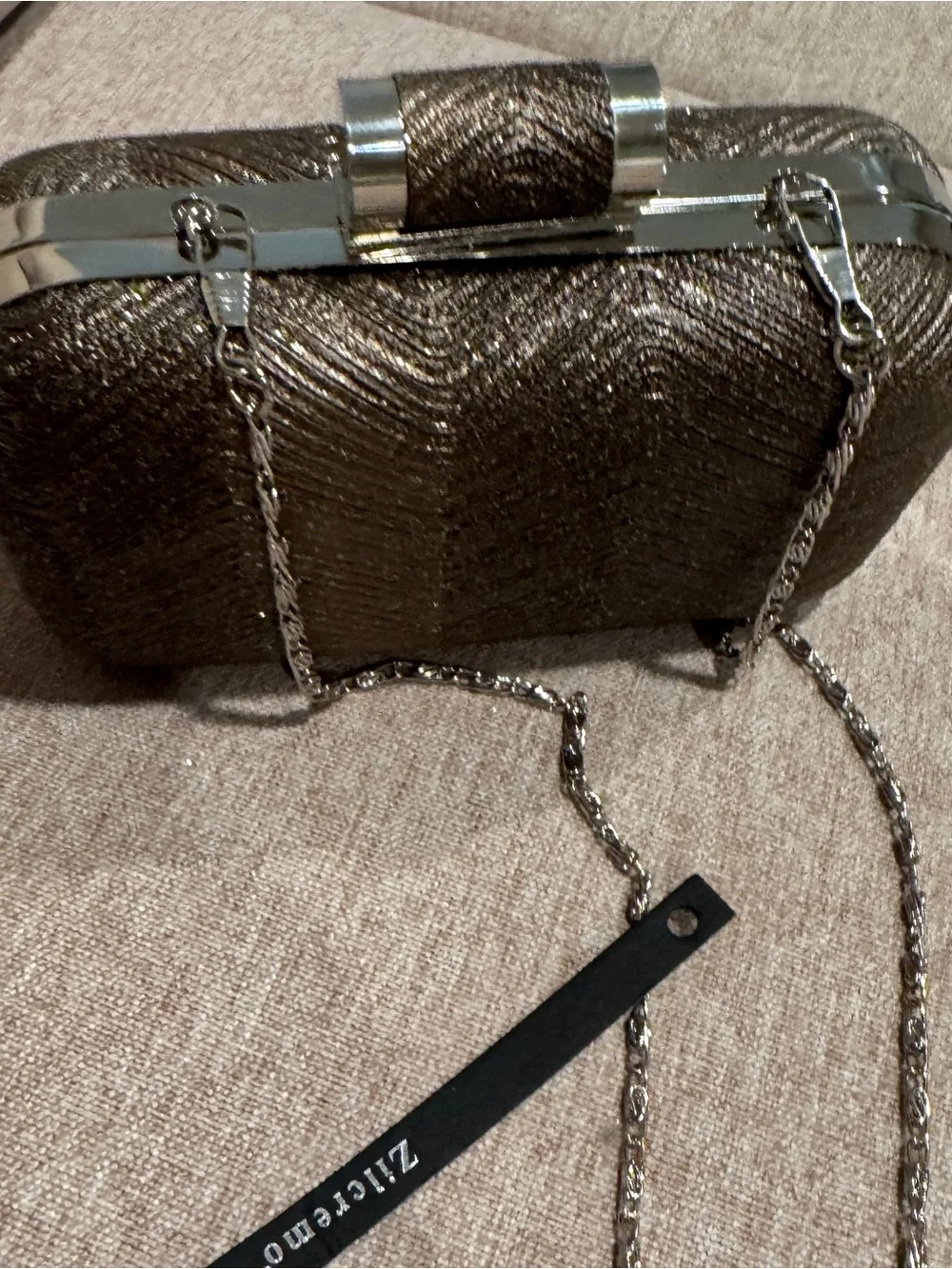 Zilcremo Bronze Metallic Wave-Textured Evening Clutch with Chain